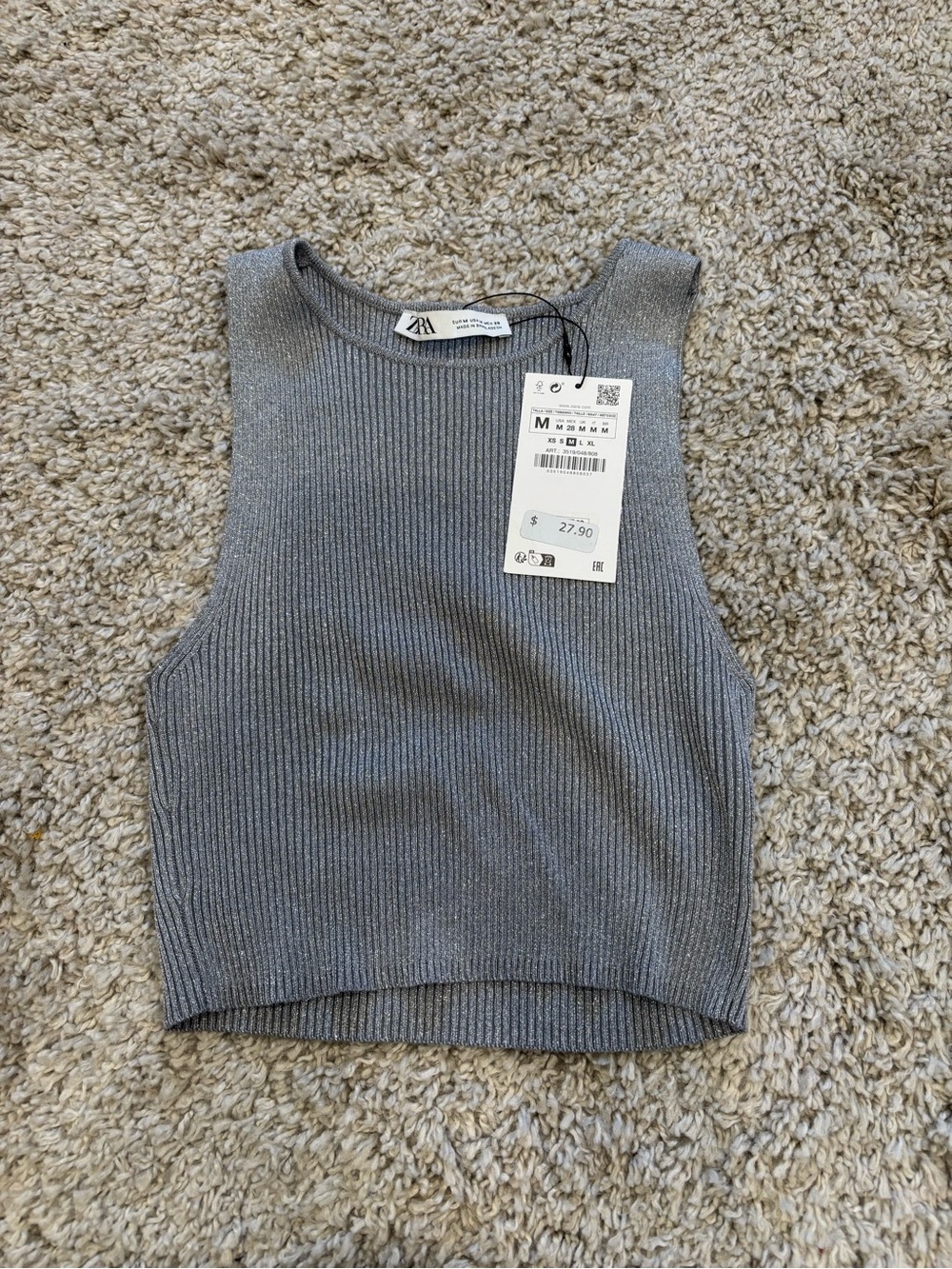 Zara Metallic Ribbed Crop Tank - Silver Gray